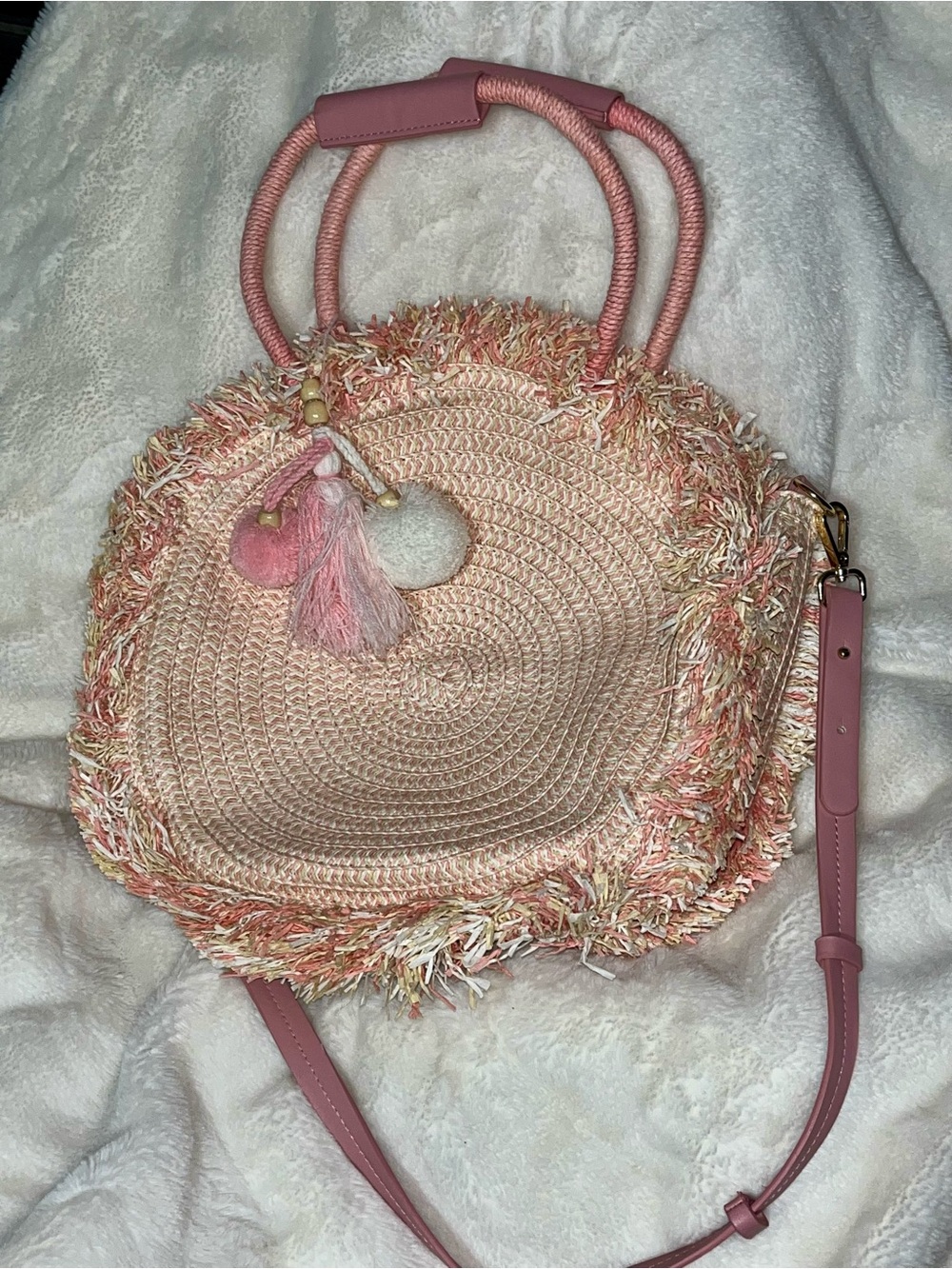 Blush Pink Round Straw Tote with Tassel Charm